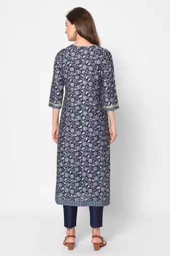  navy blue viscose three quarter sleeves long kurta