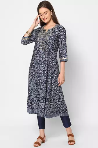  navy blue viscose three quarter sleeves long kurta