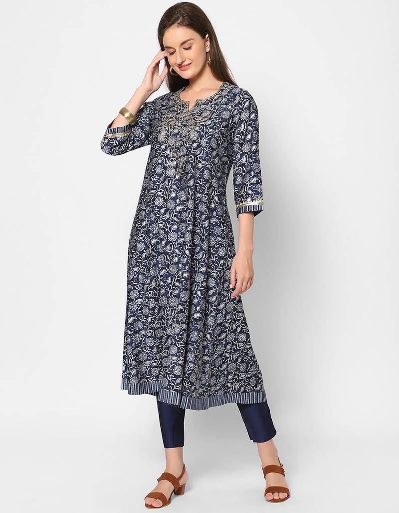  navy blue viscose three quarter sleeves long kurta