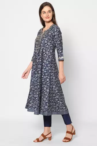 navy blue viscose three quarter sleeves long kurta