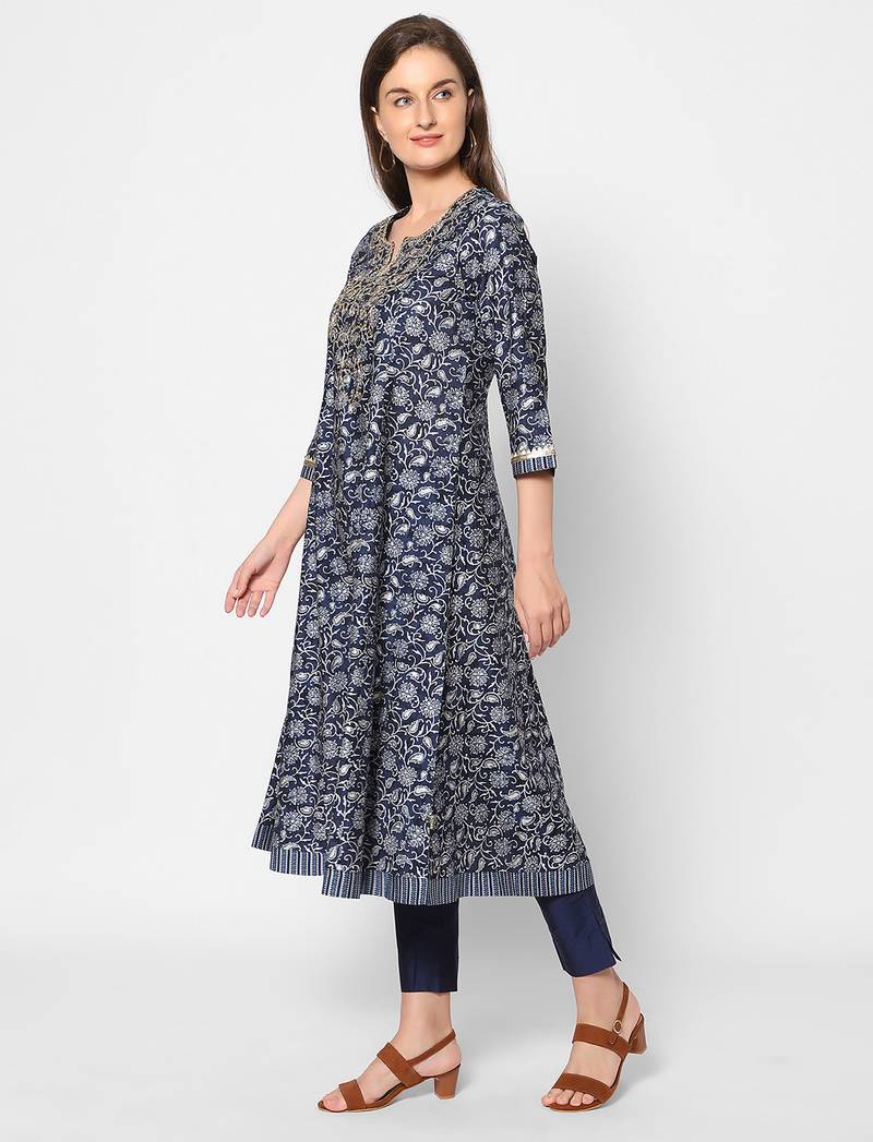  navy blue viscose three quarter sleeves long kurta