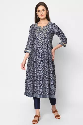  navy blue viscose three quarter sleeves long kurta