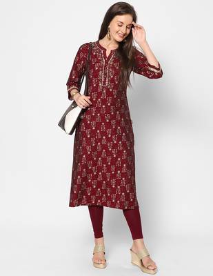  maroon polyester blend three quarter sleeves long kurta 1