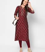  maroon polyester blend three quarter sleeves long kurta