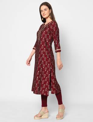  maroon polyester blend three quarter sleeves long kurta 3