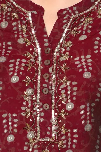  maroon polyester blend three quarter sleeves long kurta