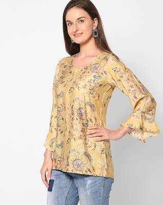  yellow viscose blend three quarter sleeves short kurti 1