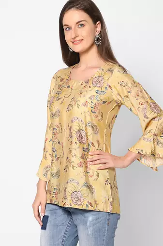  yellow viscose blend three quarter sleeves short kurti