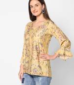  yellow viscose blend three quarter sleeves short kurti