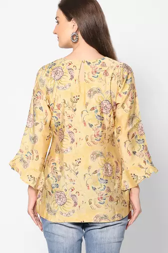  yellow viscose blend three quarter sleeves short kurti