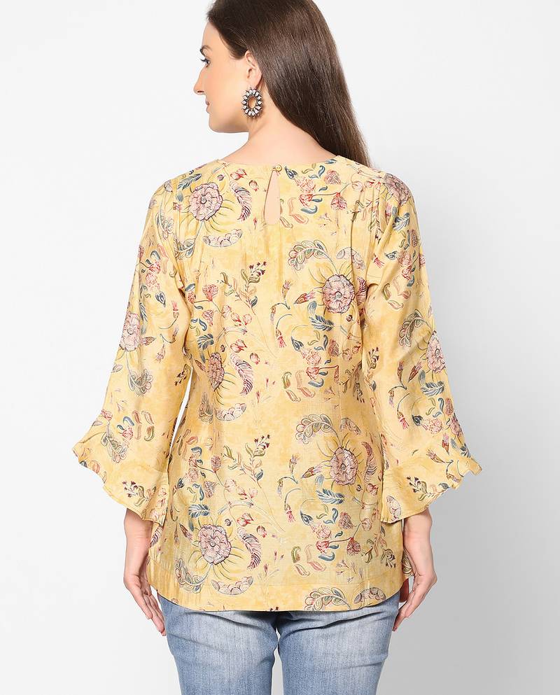  yellow viscose blend three quarter sleeves short kurti