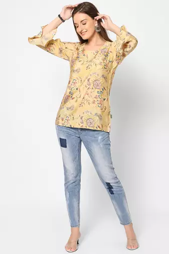  yellow viscose blend three quarter sleeves short kurti