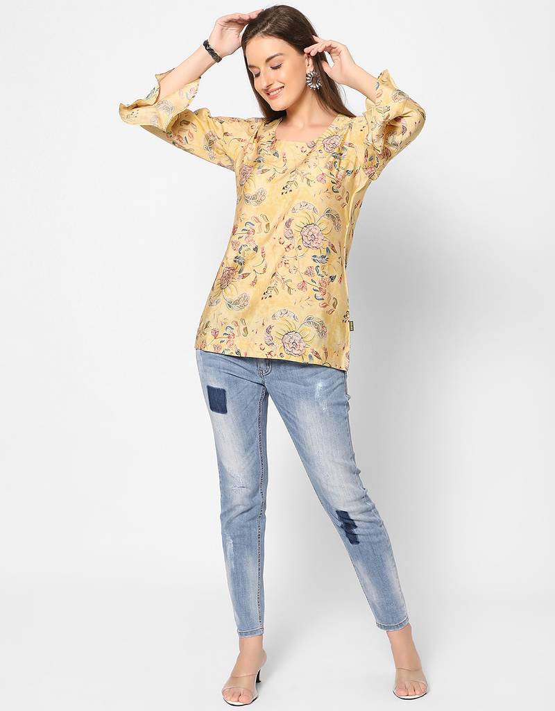  yellow viscose blend three quarter sleeves short kurti