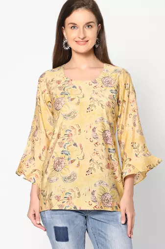  yellow viscose blend three quarter sleeves short kurti