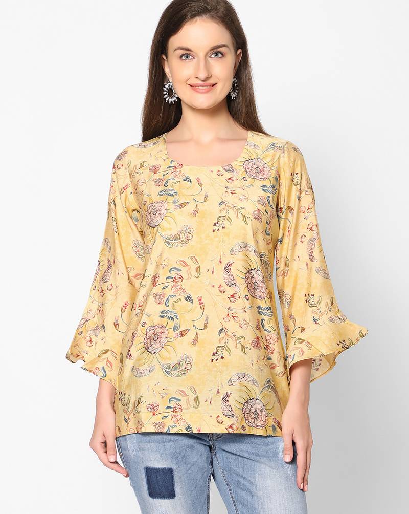  yellow viscose blend three quarter sleeves short kurti