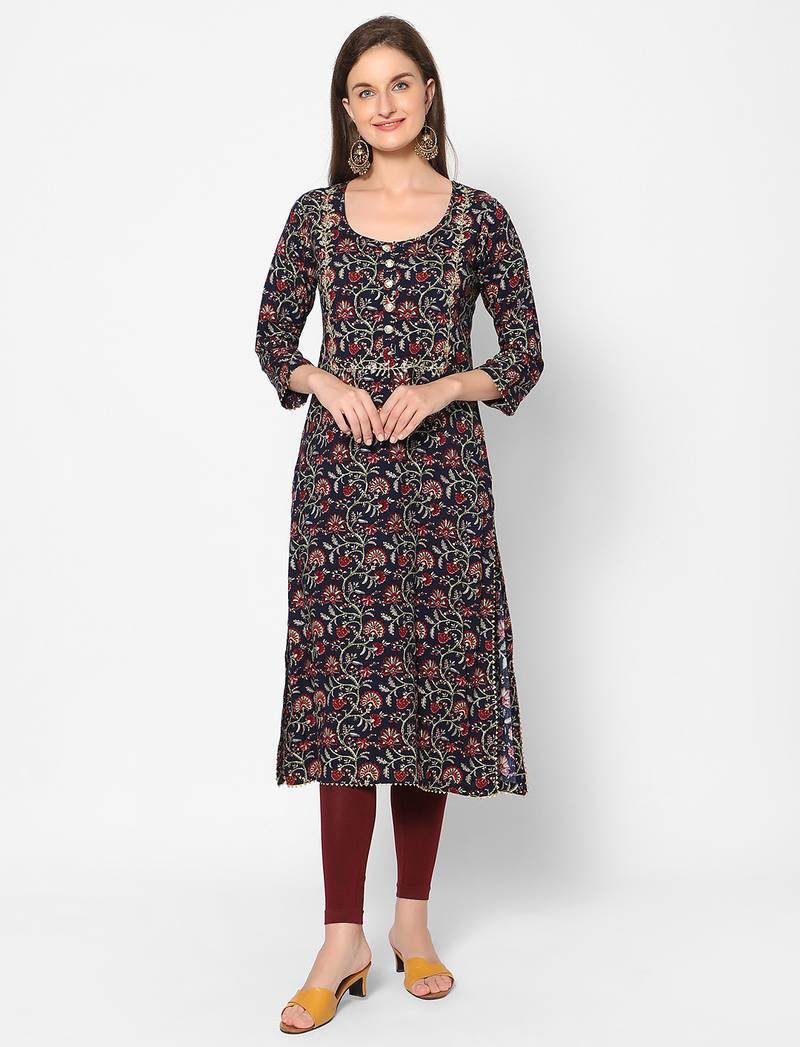  navy blue viscose three quarter sleeves long kurta