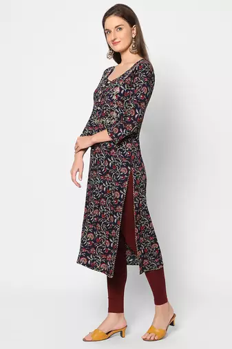  navy blue viscose three quarter sleeves long kurta