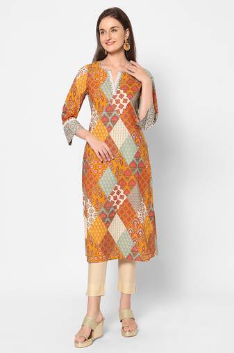  multi cotton three quarter sleeves long kurta