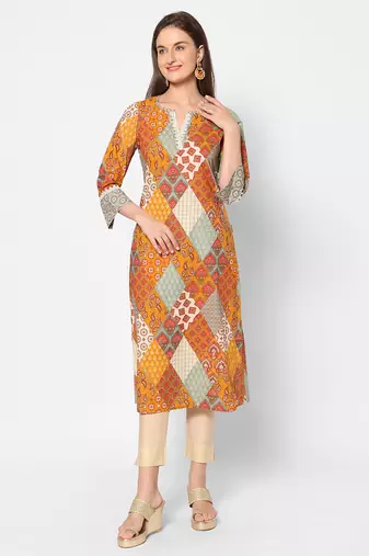  multi cotton three quarter sleeves long kurta