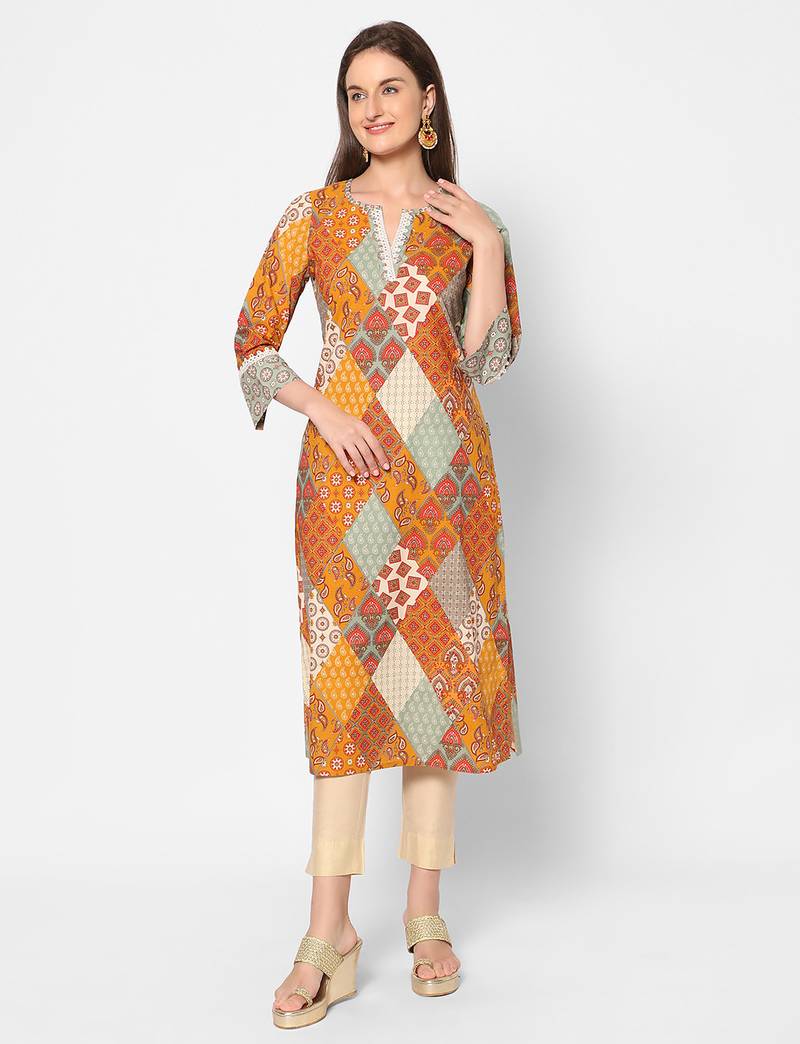  multi cotton three quarter sleeves long kurta