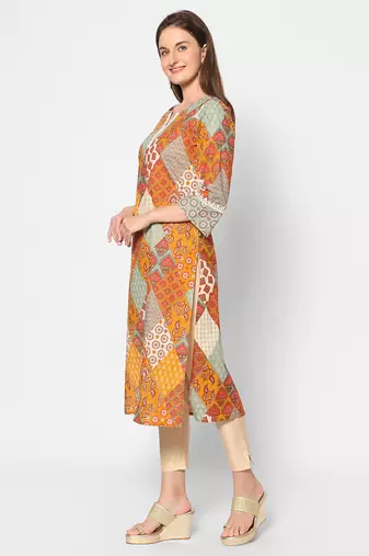  multi cotton three quarter sleeves long kurta