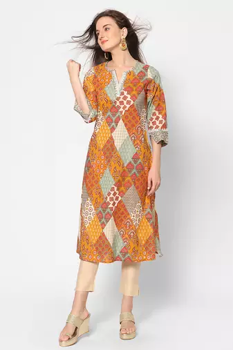  multi cotton three quarter sleeves long kurta