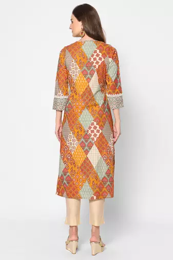  multi cotton three quarter sleeves long kurta
