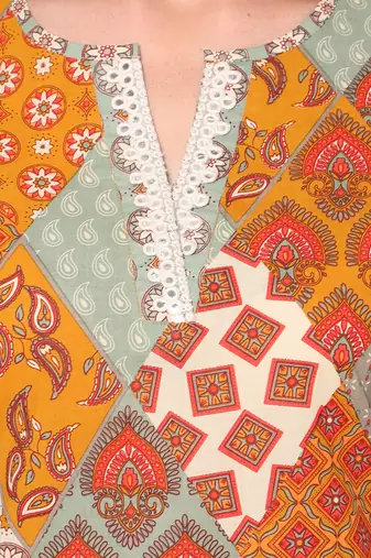  multi cotton three quarter sleeves long kurta