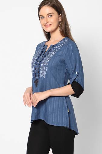  blue viscose three quarter sleeves short kurti