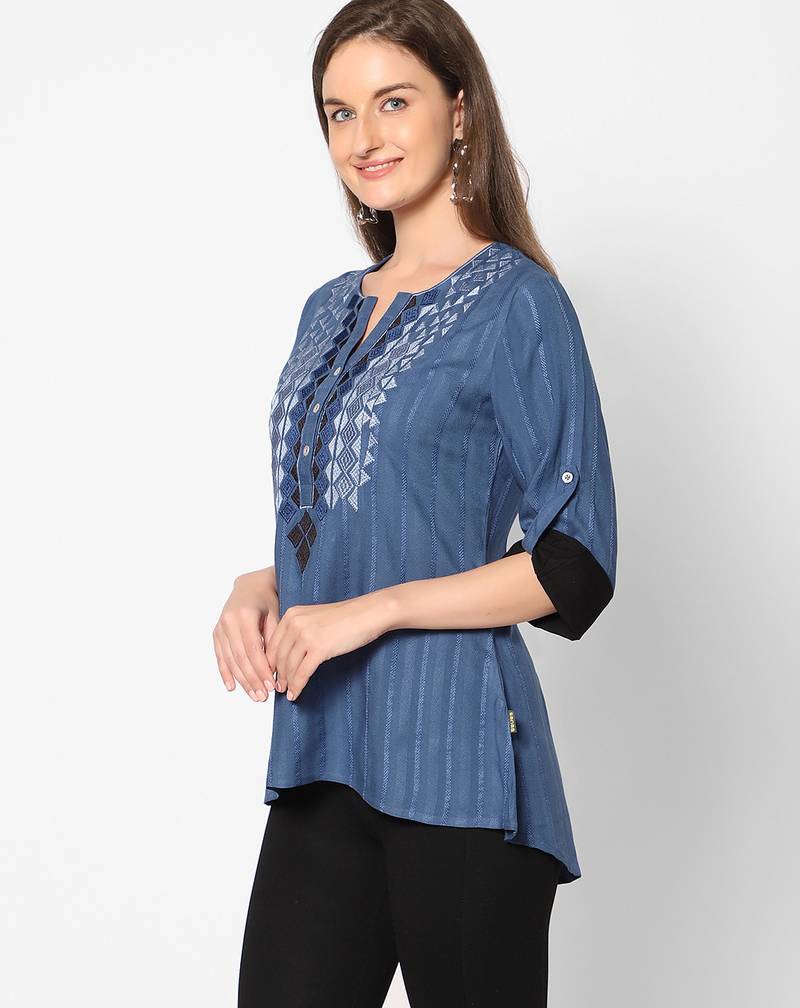  blue viscose three quarter sleeves short kurti