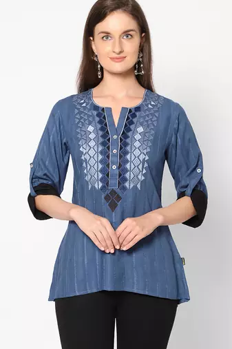  blue viscose three quarter sleeves short kurti