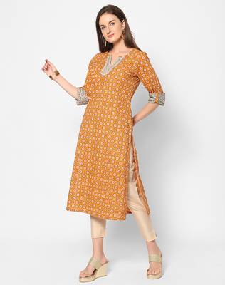  orange cotton three quarter sleeves long kurta 1