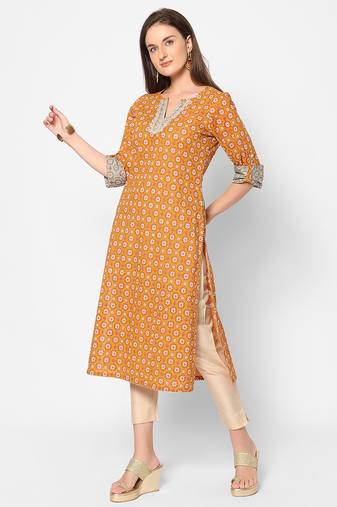  orange cotton three quarter sleeves long kurta