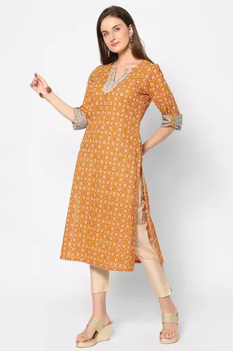  orange cotton three quarter sleeves long kurta