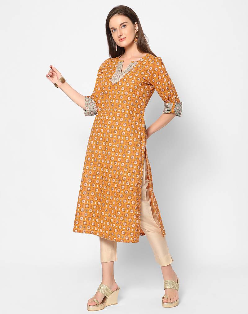  orange cotton three quarter sleeves long kurta