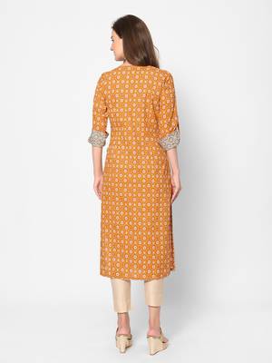  orange cotton three quarter sleeves long kurta 2