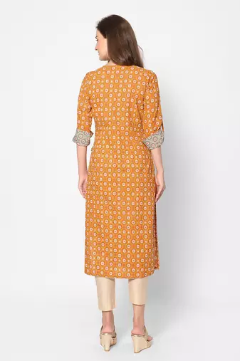  orange cotton three quarter sleeves long kurta