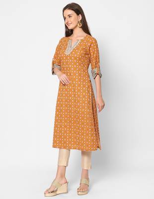  orange cotton three quarter sleeves long kurta 3