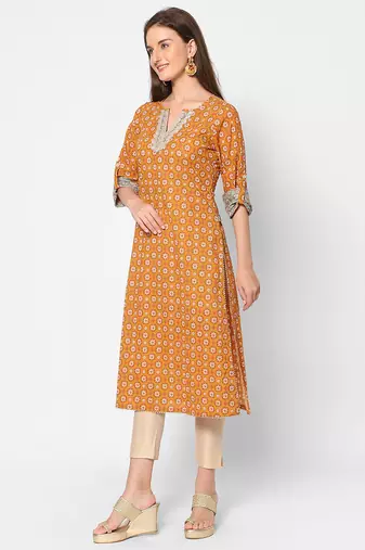  orange cotton three quarter sleeves long kurta