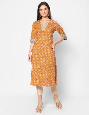  orange cotton three quarter sleeves long kurta 4
