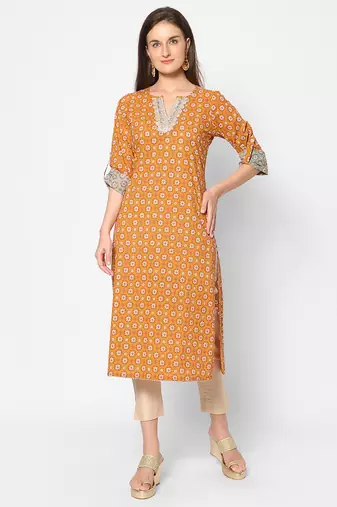  orange cotton three quarter sleeves long kurta