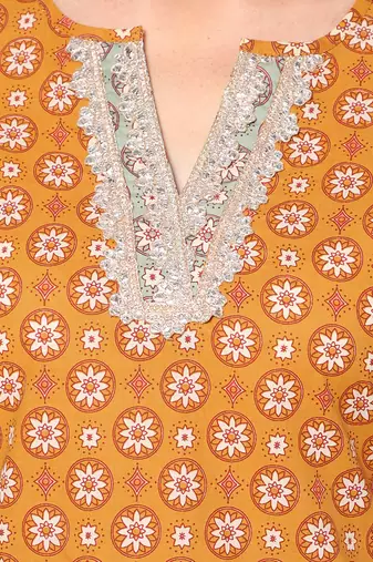  orange cotton three quarter sleeves long kurta