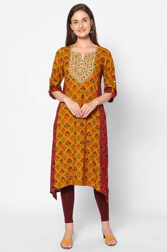  mustard viscose three quarter sleeves long kurta