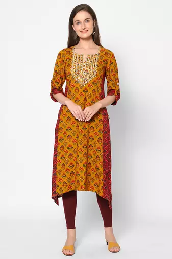  mustard viscose three quarter sleeves long kurta