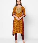  mustard viscose three quarter sleeves long kurta