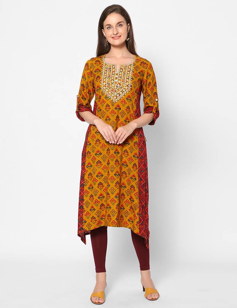  mustard viscose three quarter sleeves long kurta