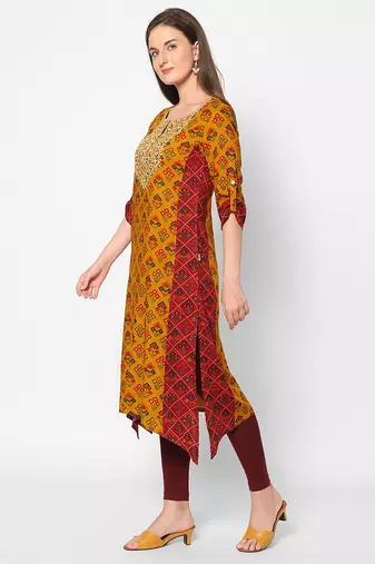  mustard viscose three quarter sleeves long kurta