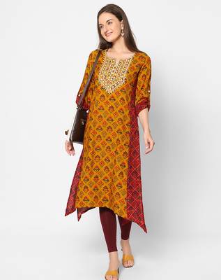  mustard viscose three quarter sleeves long kurta 3