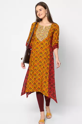  mustard viscose three quarter sleeves long kurta