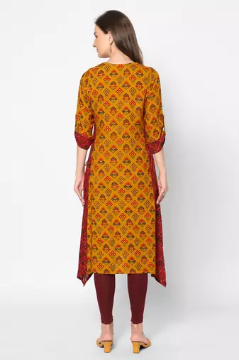  mustard viscose three quarter sleeves long kurta